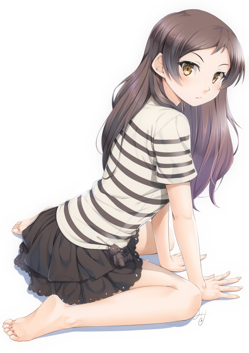 1girl arm_support bare_legs barefoot black_skirt blush brown_eyes brown_hair closed_mouth commentary_request forehead from_side full_body idolmaster idolmaster_million_live! kitazawa_shiho layered_skirt leaning_forward long_hair looking_at_viewer looking_to_the_side miri_(ago550421) shirt short_sleeves signature simple_background sitting skirt solo striped striped_shirt wariza white_background white_shirt