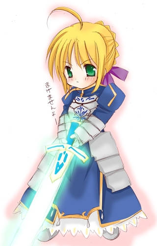 armor armored_dress artoria_pendragon_(all) blonde_hair chibi dress excalibur fate/stay_night fate_(series) glowing glowing_sword glowing_weapon lowres saber solo weapon