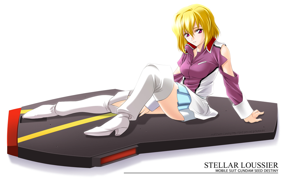 aizawa_kotarou blonde_hair boots character_name copyright_name gundam gundam_seed gundam_seed_destiny long_sleeves skirt solo stellar_loussier thigh_boots thighhighs white_footwear