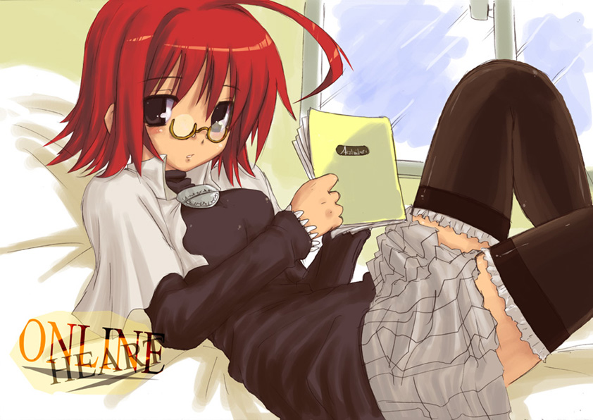 ahoge bed black_legwear book copyright_request glasses holding holding_book kanna_ryouto long_sleeves lying on_back open_book pince-nez reading red_hair short_hair solo thighhighs zettai_ryouiki