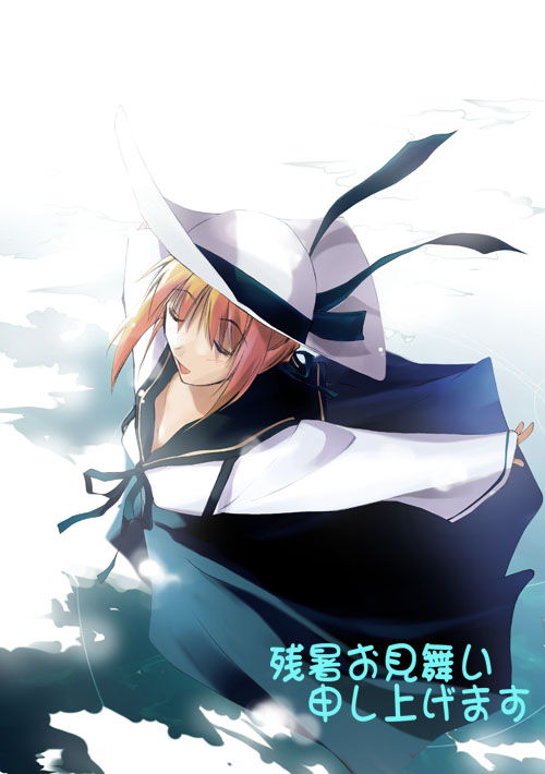 alternate_costume artoria_pendragon_(all) blonde_hair blue_dress closed_eyes dress fate/stay_night fate_(series) hat long_sleeves nagare_hyougo outstretched_arms saber sailor_collar short_hair solo spread_arms