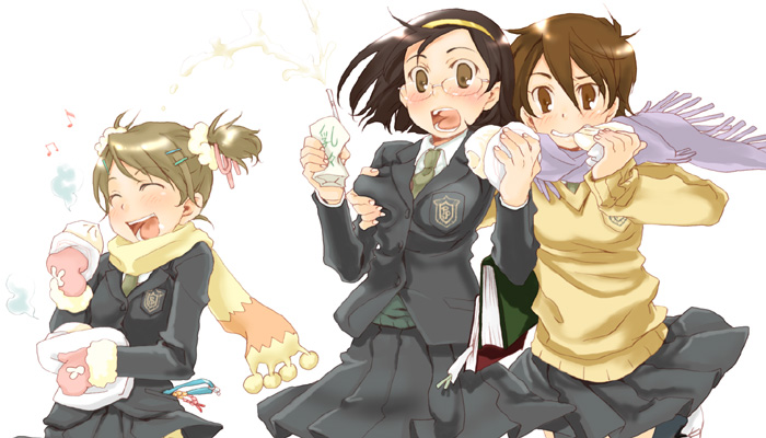 badge baozi beamed_eighth_notes black_hair blazer blush book bookmark breast_grab brown_eyes brown_hair carton drinking_straw eating eighth_note food glasses grabbing grin hair_ornament hairband hairclip jacket kurafuji_sachi long_sleeves mittens multiple_girls musical_note necktie open_mouth original pleated_skirt scarf school_uniform shocked_eyes short_twintails skirt smile squirting surprised sweater twintails
