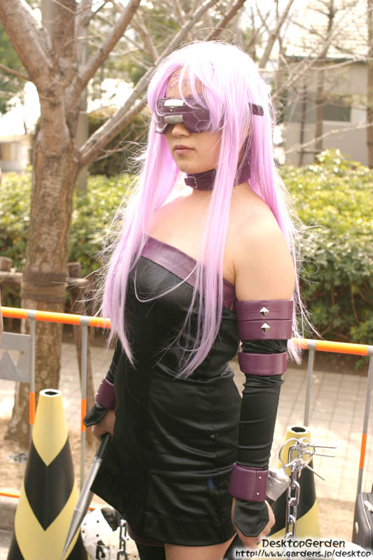 blindfold cosplay dress fate/stay_night fate_(series) long_hair nameless_dagger photo rider rider_(cosplay) solo strapless strapless_dress thighhighs