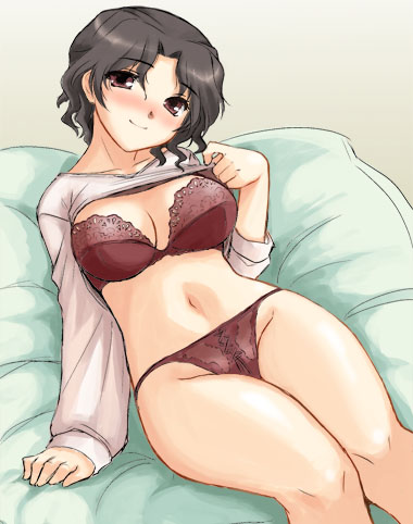 bed blush bra breasts dr.p lace lace-trimmed_bra large_breasts lingerie lowres mature no_pants panties purple_bra purple_panties shirt_lift solo to_heart_2 underwear yuzuhara_haruka