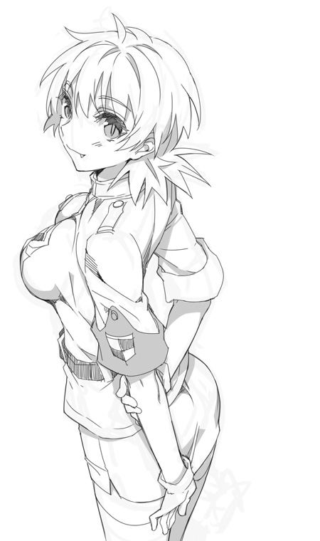 1girl arms_behind_back ass bangs belt breast_pocket breasts closed_mouth eyebrows_visible_through_hair fang from_behind hellsing kayama_(fukayama) large_breasts looking_back low_twintails military military_uniform miniskirt monochrome pencil_skirt pocket seras_victoria shirt short_hair simple_background sketch skirt sleeves_rolled_up solo taut_clothes taut_shirt thighhighs twintails uniform white_background