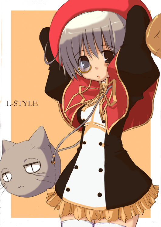 :o arms_up bag black_dress black_eyes blush border brown_eyes capelet cat_bag dress frills glass grey_hair hat kanna_ryouto long_sleeves looking_at_viewer monocle original over_shoulder parted_lips ribbon simple_background solo standing thighhighs whiskers white_border white_legwear yellow_ribbon zettai_ryouiki