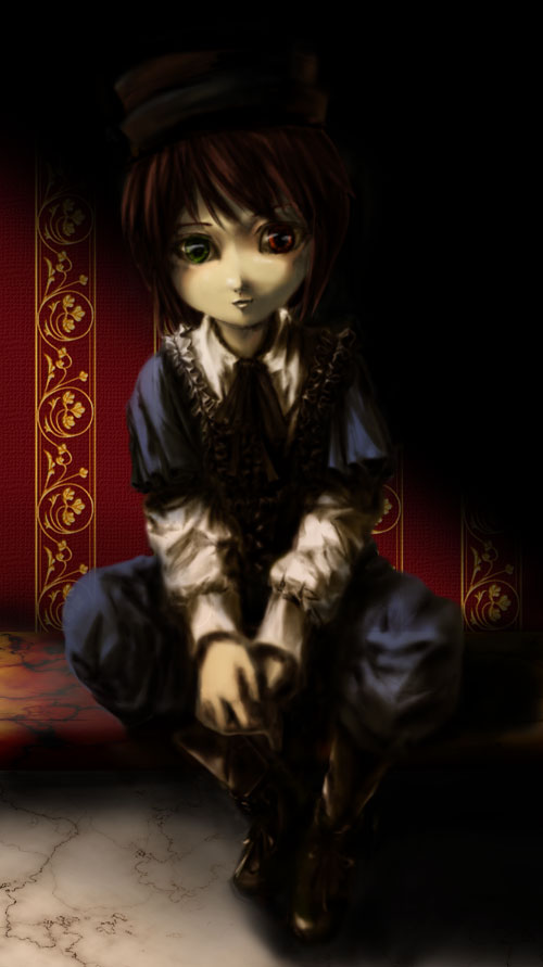 against_wall blue_pants blue_shirt boots brown_footwear brown_hair chiaroscuro collar dark expressionless floral_print frilled_shirt_collar frills green_eyes hat heterochromia juliet_sleeves long_sleeves looking_at_viewer nekoita pants puffy_sleeves red_eyes rozen_maiden shirt short_hair solo souseiseki stone_floor v_arms