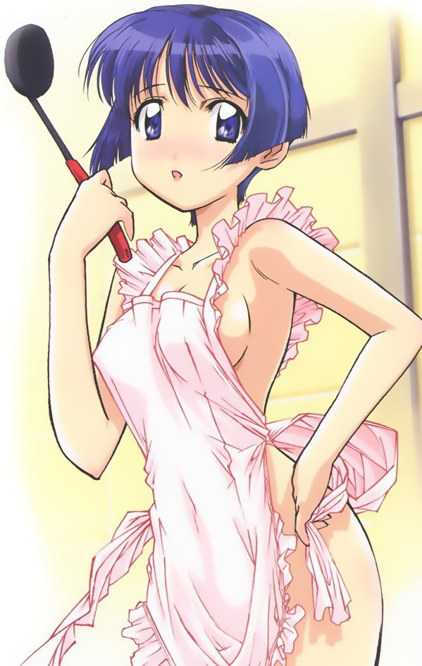 ai_yori_aoshi apron blue_eyes blue_hair blush breasts fumizuki_kou medium_breasts naked_apron sakuraba_aoi short_hair sideboob solo