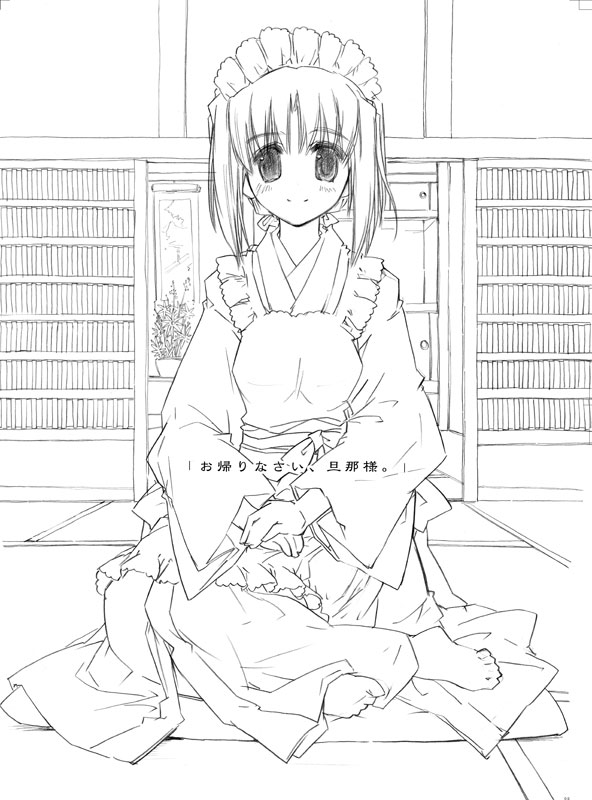 copyright_request greyscale japanese_clothes lineart maid momiji_mao monochrome solo