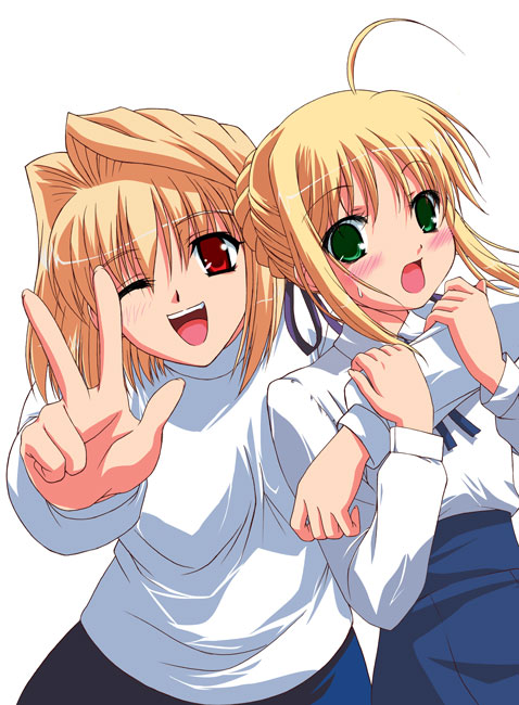 arcueid_brunestud artist_request artoria_pendragon_(all) blonde_hair blouse crossover fate/stay_night fate_(series) long_sleeves multiple_girls saber sweater tsukihime
