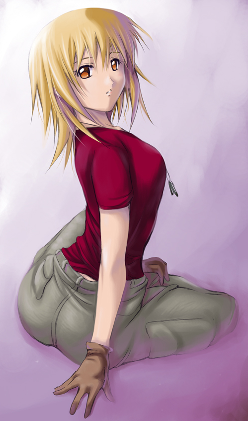 arm_support artist_request blonde_hair brown_gloves cagalli_yula_athha dog_tags gloves gundam gundam_seed looking_back pants short_hair sitting solo yellow_eyes