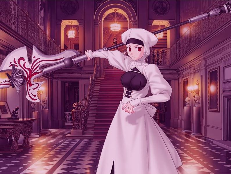 axe banister chandelier dress fate/hollow_ataraxia fate/stay_night fate_(series) game_cg hood jpeg_artifacts lamp leysritt long_dress long_sleeves painting_(object) picture_(object) picture_frame red_eyes solo stairs statue table takeuchi_takashi tile_floor tiles wall_lamp warrior weapon