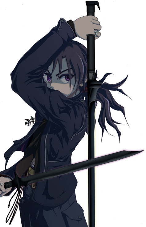 arm_up bayonet belt blue_jacket blue_pants brown_hair brown_shirt cargo_pants dual_wielding earrings from_side holding jacket jewelry katana kuro_(artifact_beholder) long_sleeves long_sword necklace original pants pendant pocket ponytail purple_eyes purple_hair ring shirt simple_background solo sword tooth_necklace weapon white_background zipper