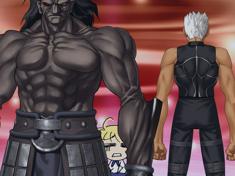 2boys ahoge archer artoria_pendragon_(all) bad_proportions berserker blonde_hair chibi chibi_inset clenched_hands dark_skin dark_skinned_male fate/hollow_ataraxia fate/stay_night fate_(series) game_cg giant heterochromia multiple_boys muscle saber size_difference sleeveless standing takeuchi_takashi