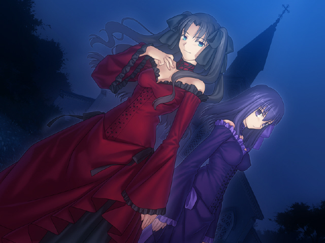 alternate_costume bangs bare_shoulders black_hair blue_eyes breasts choker church cleavage covered_nipples cowboy_shot cross dress duplicate fate/hollow_ataraxia fate/stay_night fate_(series) floating_hair frilled_dress frills from_side game_cg gothic hair_ribbon hand_on_own_chest light_smile long_hair long_sleeves looking_at_viewer matou_sakura medium_breasts multiple_girls night night_sky off_shoulder outdoors outline parted_bangs purple_dress purple_eyes purple_hair red_dress ribbon siblings sisters sky smile spoilers standing takeuchi_takashi toosaka_rin tree two_side_up wavy_hair wide_sleeves