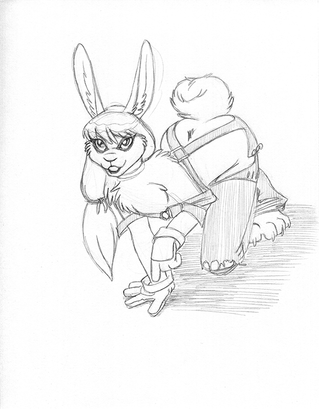 2019 all_fours anthro blanc_de_hotot bracelet buckteeth cheek_tuft chest_tuft claws clothed clothing female gloves greyscale hair inner_ear_fluff jewelry lagomorph long_hair looking_at_viewer mammal monochrome overalls ponytail rabbit simple_background skimpy smile solo teeth toe_claws torn_clothing tuft wolfkidd