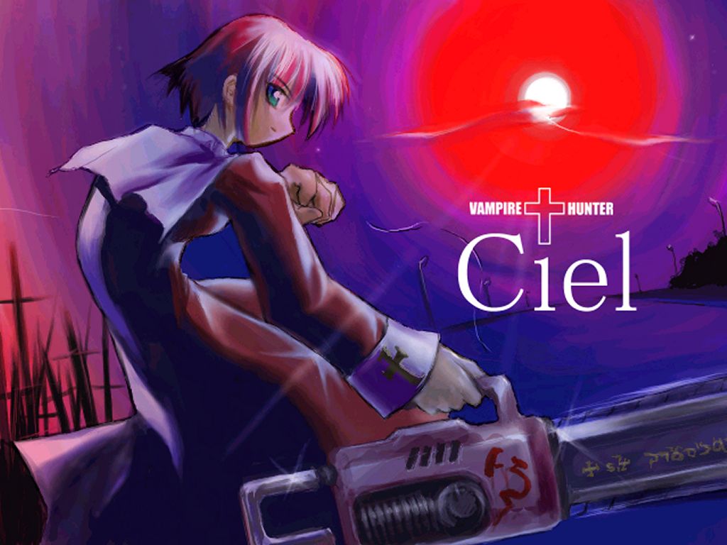 artist_request chainsaw character_name ciel closed_mouth collar cowboy_shot cross cross_print dress expressionless from_side full_moon green_eyes holding holding_weapon long_sleeves looking_at_viewer moon purple_sky red_dress short_hair silver_hair sleeves_rolled_up solo tsukihime wallpaper weapon