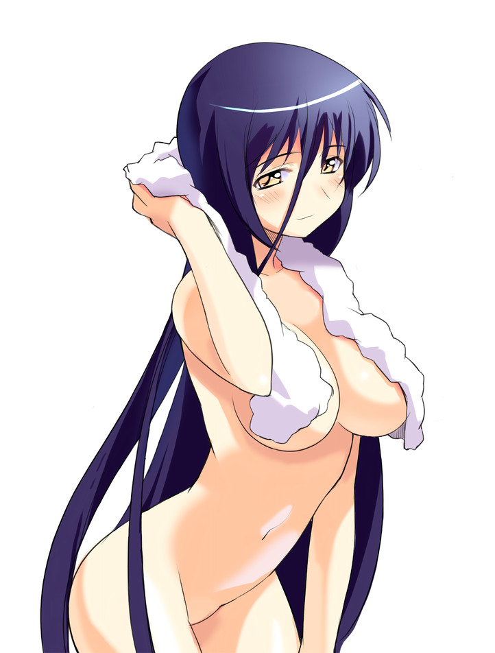 blue_hair blush breasts copyright_request covering cowboy_shot hair_between_eyes holding holding_towel large_breasts long_hair medium_breasts navel nude nude_cover sikorsky simple_background solo towel towel_around_neck very_long_hair white_background yellow_eyes