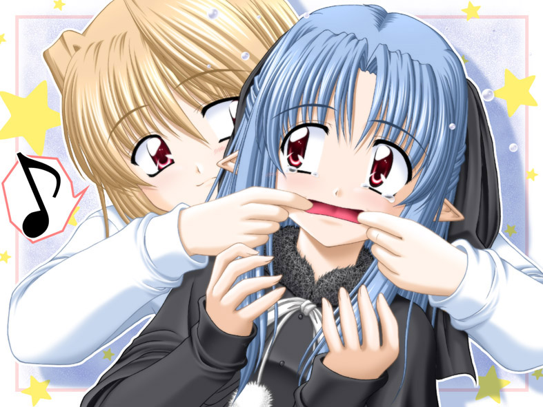 arcueid_brunestud blonde_hair blue_hair bow eighth_note fingersmile forced_smile hair_bow hair_intakes kiryuu_makoto len long_hair long_sleeves looking_at_another multiple_girls musical_note neck_ribbon open_mouth pointy_ears red_eyes ribbon short_hair sleeves_past_wrists smile spoken_musical_note star sweater tears tsukihime very_long_hair