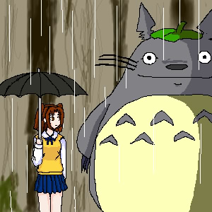 artist_request crossover kusakabe_satsuki long_sleeves lowres namesake parody rain tonari_no_totoro totoro tsukihime umbrella yumizuka_satsuki