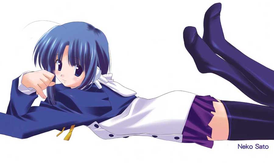 black_eyes blue_hair ilfa kotomaru1 legs_up long_sleeves looking_at_viewer lying no_shoes on_stomach robot_ears short_hair solo thighhighs to_heart_2