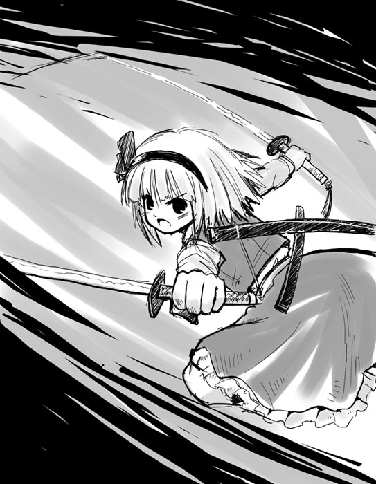 :o artist_request ass bangs bob_cut bow dual_wielding from_behind greyscale hair_bow hairband holding katana konpaku_youmu leaning_forward long_sleeves looking_back monochrome outstretched_arms running sheath shirt short_hair sketch skirt skirt_set solo sword touhou v-shaped_eyebrows vest weapon