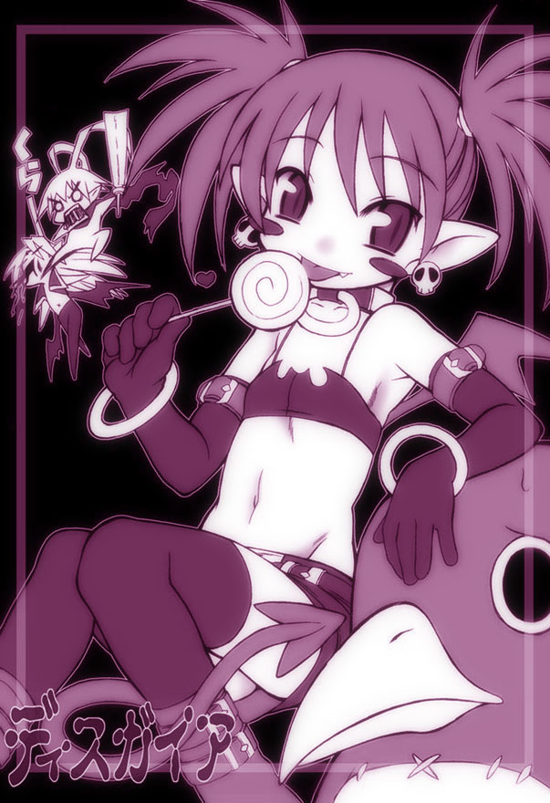2boys :p =_= angry antenna_hair arm_support armband armpits bat_wings belt bikini_top blood blush_stickers boots bracelet candy chibi collar demon_girl demon_tail disgaea earrings elbow_gloves etna fang flat_chest food gloves heart jewelry kicking laharl licking lollipop makai_senki_disgaea_2 mid-boss_(disgaea) midriff miniskirt monochrome multiple_boys nakagami_takashi navel o_o open_mouth pointy_ears prinny purple scarf short_hair short_twintails skirt skull spiked_hair strap swirl_lollipop tail thighhighs tongue tongue_out torn_clothes twintails weapon wings