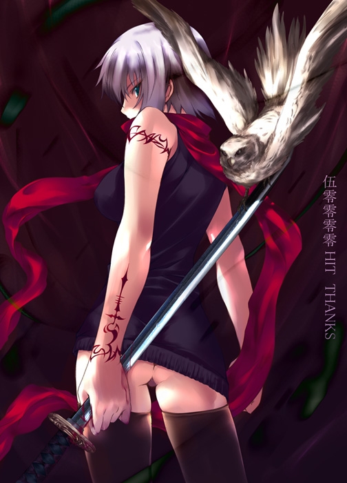 aqua_eyes artist_request ass bare_shoulders bird black_legwear blood breasts copyright_request falcon from_behind hawk hits katana large_breasts looking_back no_panties scarf short_hair silver_hair solo sword tattoo thighhighs weapon