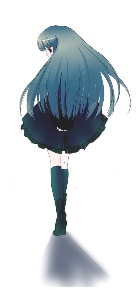 arms_behind_back artist_request black_eyes blue_hair dress kneehighs long_hair looking_back original shadow shoes solo white_background