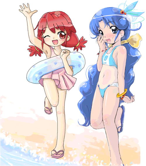 :d ;d arm_up armpits artist_request bangs beach bikini blue_eyes blue_hair body_blush bracelet casual_one-piece_swimsuit clenched_hand fine flat_chest fushigiboshi_no_futago_hime hair_bobbles hair_ornament hair_ribbon hair_tie hand_to_own_mouth innertube jewelry leg_lift legs long_hair looking_at_viewer multiple_girls navel ocean one-piece_swimsuit one_eye_closed open_mouth outdoors parted_bangs ponytail profile red_eyes red_hair rein ribbon sandals short_twintails siblings sidelocks sisters smile standing standing_on_one_leg swimsuit tankini twintails very_long_hair water waving wavy_hair