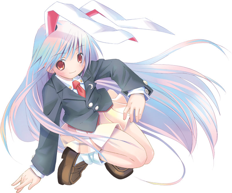 animal_ears bangs blazer blue_hair blush bunny_ears crescent full_body gradient_hair jacket loafers long_hair long_sleeves looking_at_viewer miniskirt multicolored_hair necktie pink_hair pleated_skirt pop red_eyes red_neckwear reisen_udongein_inaba shoes simple_background skirt smile socks solo squatting straight_hair touhou very_long_hair white_background white_legwear