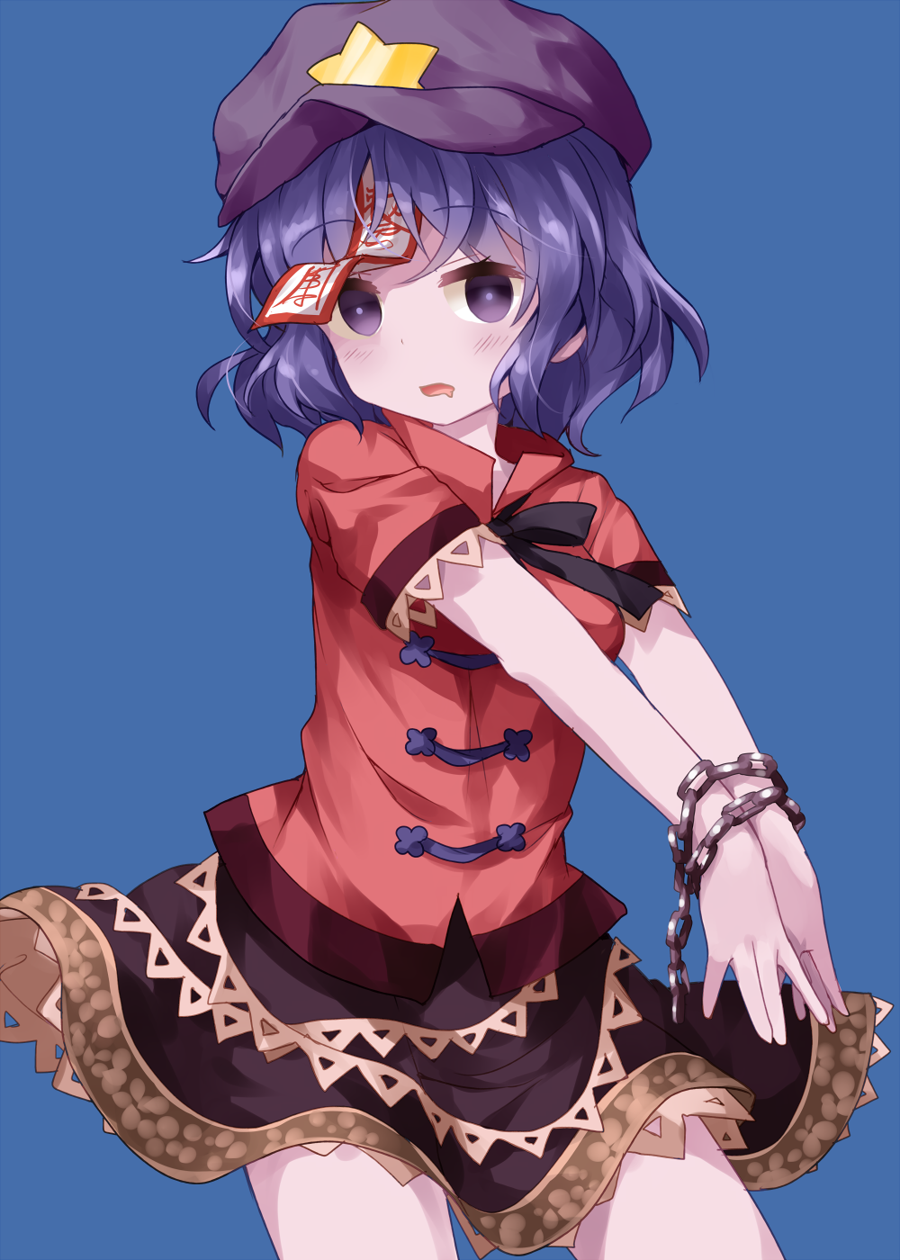 1girl black_skirt blue_background chains cowboy_shot empty_eyes eyebrows_visible_through_hair hat highres looking_at_viewer miyako_yoshika ofuda open_mouth outstretched_arms purple_eyes red_shirt ruu_(tksymkw) shirt short_sleeves simple_background skirt solo star touhou