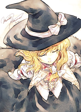 blonde_hair character_name closed_eyes hat kirisame_marisa long_hair long_sleeves lowres solo tokiame touhou white_background witch_hat
