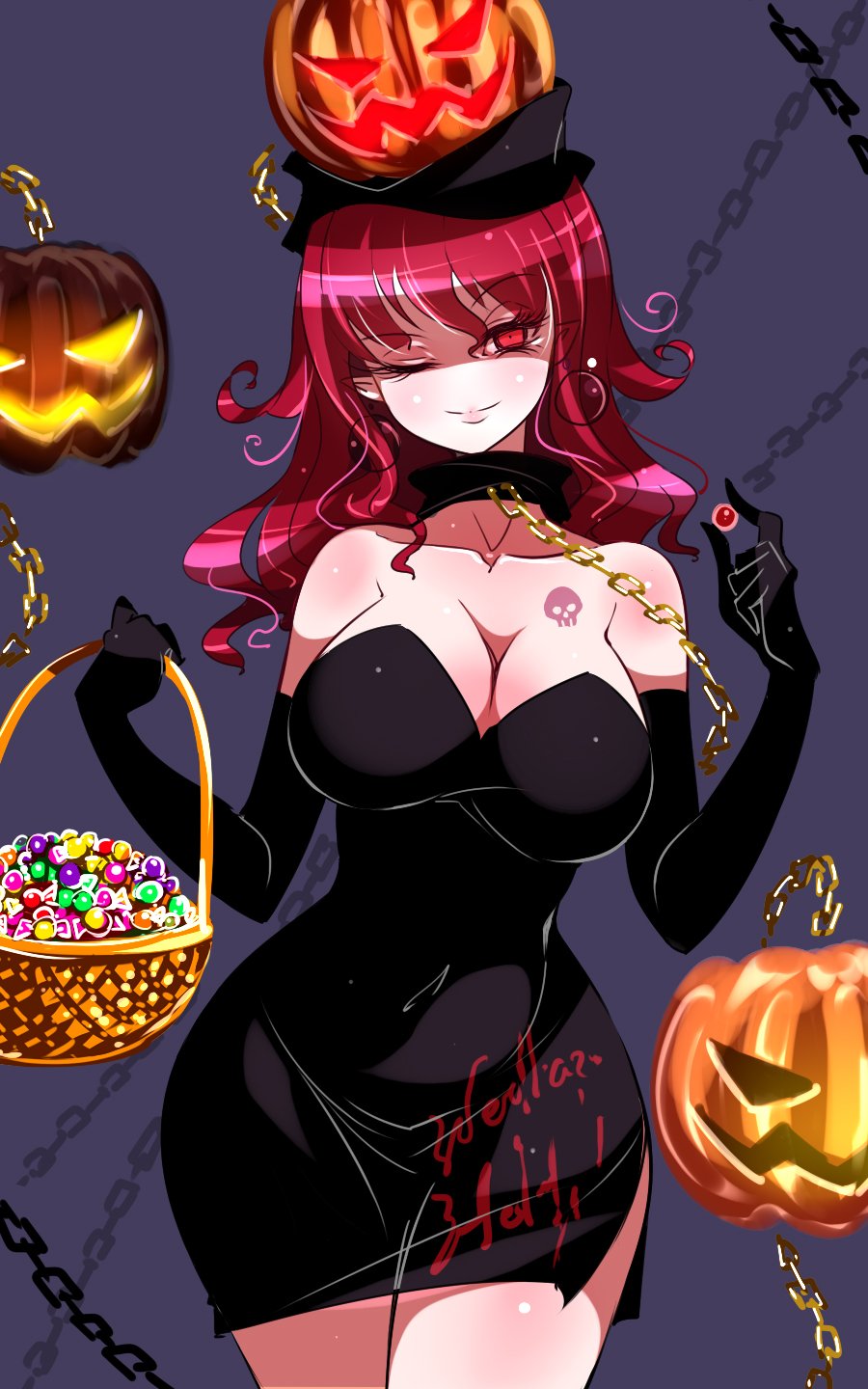 1girl bare_shoulders basket black_dress black_gloves blue_background breasts candy chain chains choker cleavage clothes_writing commentary_request covered_navel cowboy_shot curvy dress earrings eyebrows_visible_through_hair food gloves gold_chain halloween hecatia_lapislazuli highres jack-o'-lantern jewelry no_nose one_eye_closed pumpkin raptor7 red_eyes red_hair short_dress side_slit simple_background skull_tattoo smile tattoo taut_clothes thighs touhou wavy_hair wide_hips