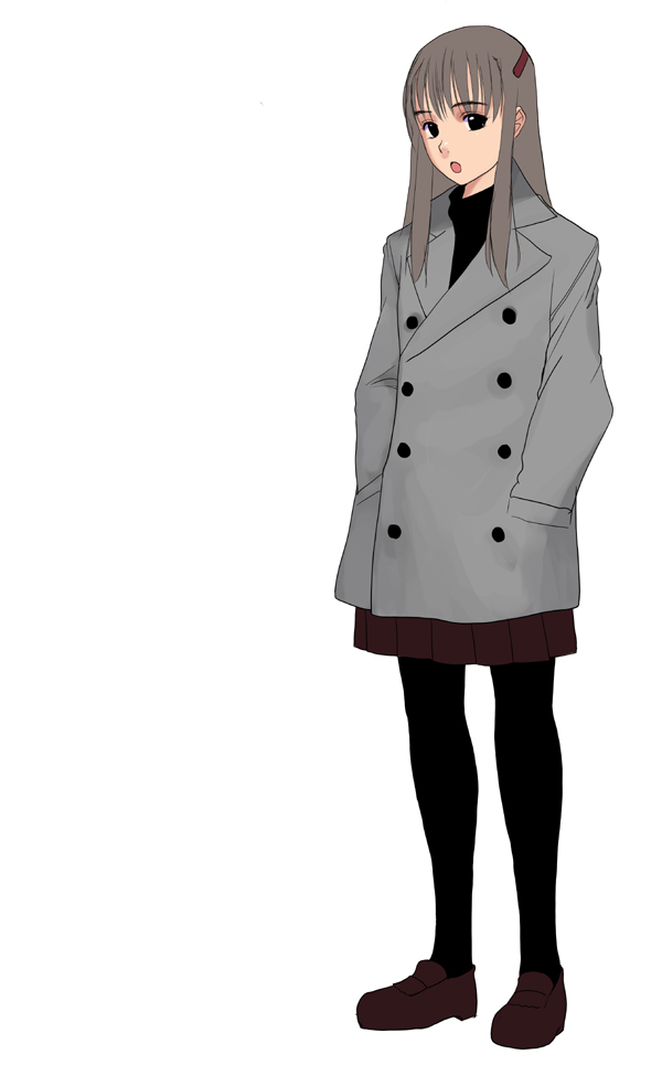 black_eyes black_legwear brown_hair coat double-breasted expressionless full_body hands_in_pockets kusaka_souji long_hair long_sleeves looking_at_viewer open_mouth original pantyhose pleated_skirt simple_background skirt solo standing turtleneck winter_clothes winter_coat
