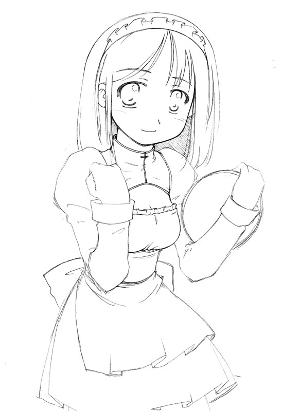 apron copyright_request greyscale hairband lineart long_sleeves monochrome short_hair sige sketch solo tray waitress