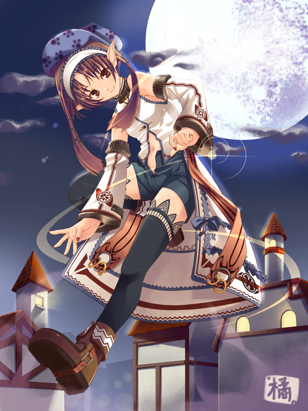 boots brown_eyes brown_hair copyright_request elf fantasy full_moon hairband hat lace moon navel pointy_ears shorts signature skyline smile solo tachibana_yuu thighhighs unzipped