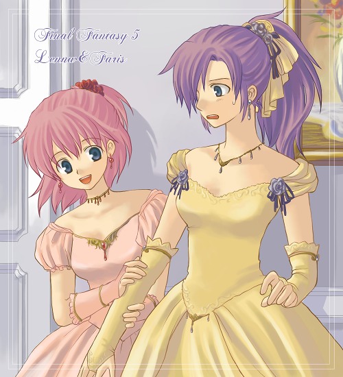 artist_request blue_eyes bridal_gauntlets character_name copyright_name dress earrings faris_scherwiz final_fantasy final_fantasy_v flower gloves hair_flower hair_ornament half_updo jewelry lenna_charlotte_tycoon multiple_girls necklace open_mouth pink_hair ponytail purple_hair sarisa_highwind_tycoon siblings sisters smile sweatdrop