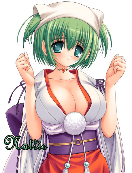 breast_squeeze breasts cleavage green_eyes green_hair haruno_chigusa japanese_clothes large_breasts meguri_hitohira. miko norita short_hair solo