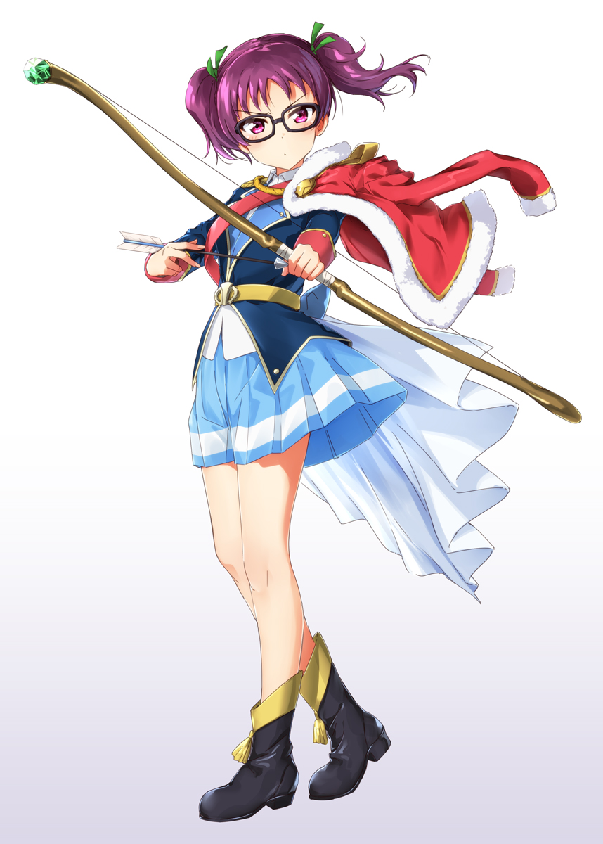 1girl arrow bangs belt bespectacled black-framed_eyewear black_footwear blue_jacket blue_skirt boots bow_(weapon) cape commentary_request cosplay emerald_(gemstone) full_body fur-trimmed_jacket fur_trim glasses gradient gradient_background green_ribbon hair_ribbon highres holding holding_weapon hoshimi_junna hoshimi_junna_(cosplay) jacket jacket_on_shoulders kazuno_leah long_sleeves looking_at_viewer love_live! love_live!_sunshine!! miniskirt purple_eyes purple_hair red_jacket ribbon satou_hinata seiyuu_connection shoujo_kageki_revue_starlight skirt solo standing suke_(momijigari) twintails v-shaped_eyebrows waist_cape weapon white_cape