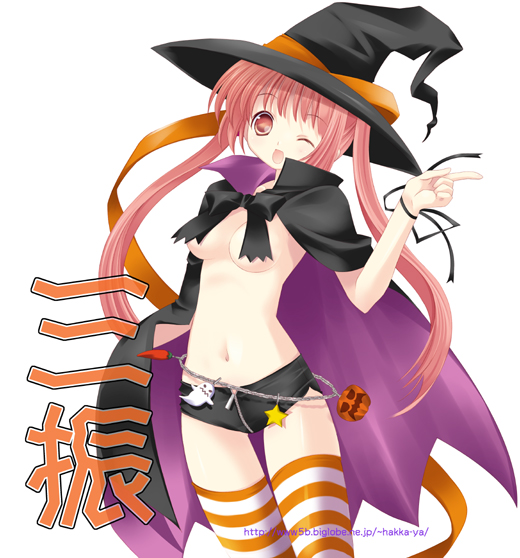 cape convenient_censoring ghost halloween hat jack-o'-lantern navel one_eye_closed open_mouth original pink_eyes pink_hair ribbon short_shorts shorts solo star striped striped_legwear thighhighs tokumi_yuiko twintails watermark web_address witch_hat wrist_ribbon zipper