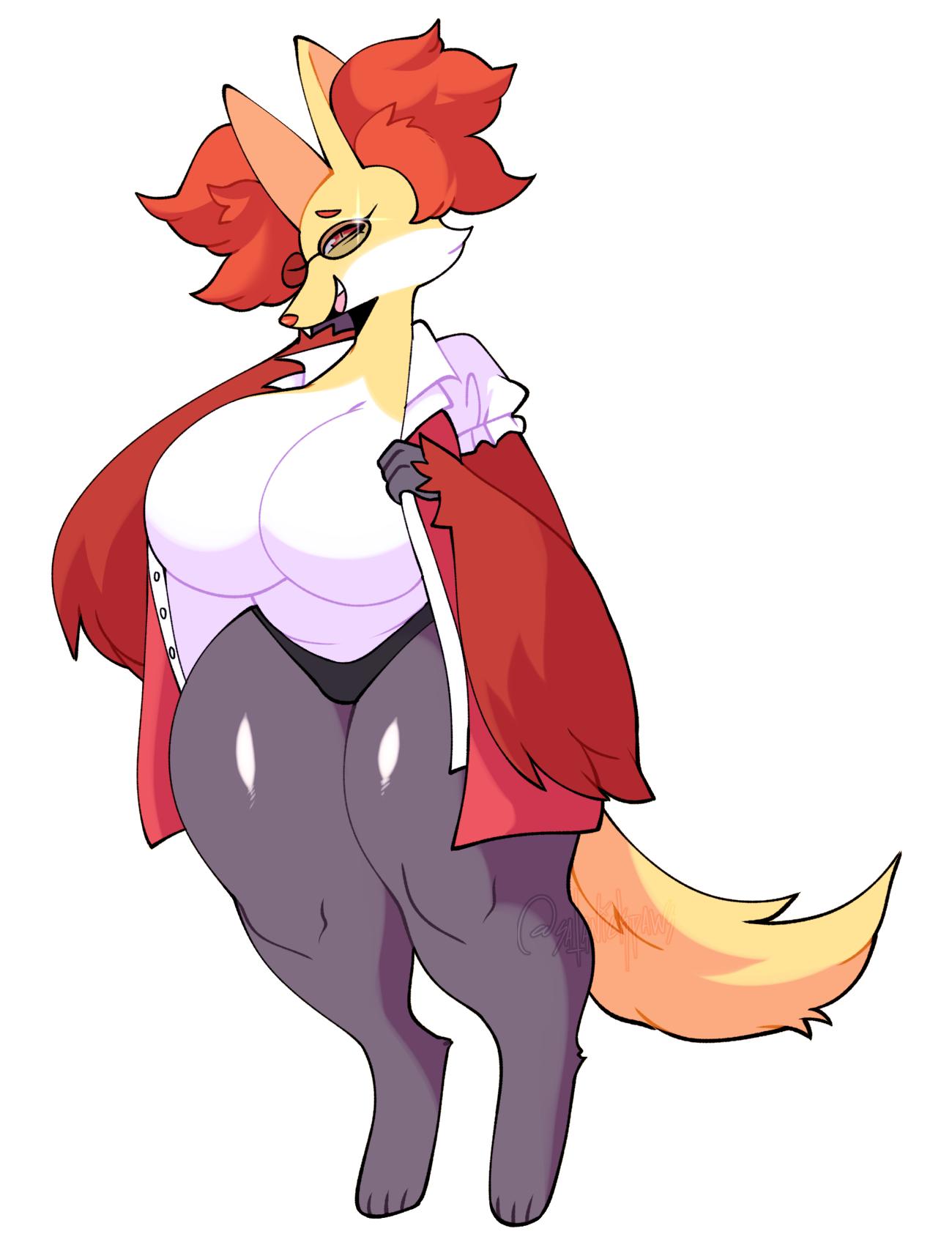 absurd_res anthro big_breasts breasts canid canine clothed clothing delphox eyewear female glasses hi_res huge_breasts mammal nintendo open_mouth pok&eacute;mon pok&eacute;mon_(species) robe satanickpaws simple_background solo teeth tongue video_games white_background wide_hips