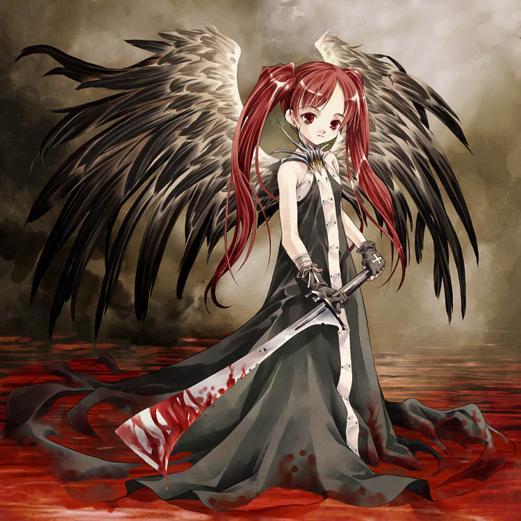 angel bandages bangs black_dress black_gloves blood bloody_clothes bloody_weapon closed_mouth cross_print dress expressionless feathered_wings full_body gloves gothic long_dress long_hair mismatched_gloves original parted_bangs red_eyes red_hair sleeveless sleeveless_dress solo standing sumi_keiichi sword twintails weapon wings
