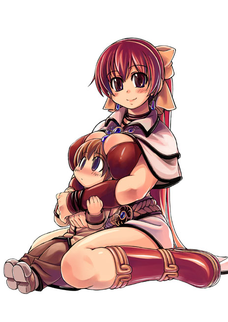 acolyte age_difference belt between_breasts blue_eyes blush boots breast_rest breasts breasts_on_head brown_eyes brown_hair cleavage height_difference knee_boots large_breasts long_hair mage_(ragnarok_online) multiple_girls ponytail ragnarok_online red_hair shoes smile very_long_hair xration