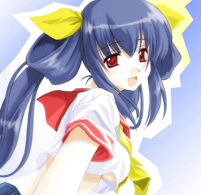 blue_eyes blue_hair breasts dark_blue_hair dizzy guilty_gear medium_breasts red_sailor_collar sailor_collar solo umekichi underboob