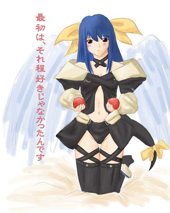 artist_request blue_hair bow dizzy guilty_gear hair_bow red_eyes solo tail tail_bow thighhighs wings