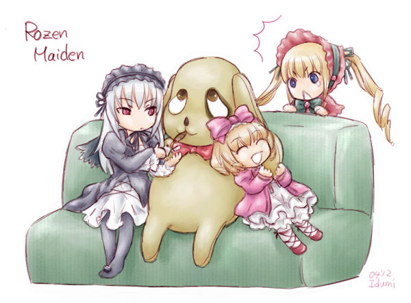 :d ^_^ artist_request black_dress black_legwear blonde_hair bow chestnut_mouth cigar closed_eyes couch cross-laced_footwear dress hair_bow hat hina_ichigo kunkun lighter long_sleeves multiple_girls open_mouth pantyhose pink_bow purple_eyes red_eyes red_footwear rozen_maiden shinku shoes silver_hair simple_background sitting smile suigintou tears white_background