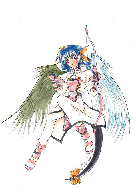 2001 alternate_costume artist_request asymmetrical_wings blue_hair bow_(weapon) cosplay dated dizzy guilty_gear red_eyes ribbon simple_background solo tail tail_ribbon weapon white_background wings