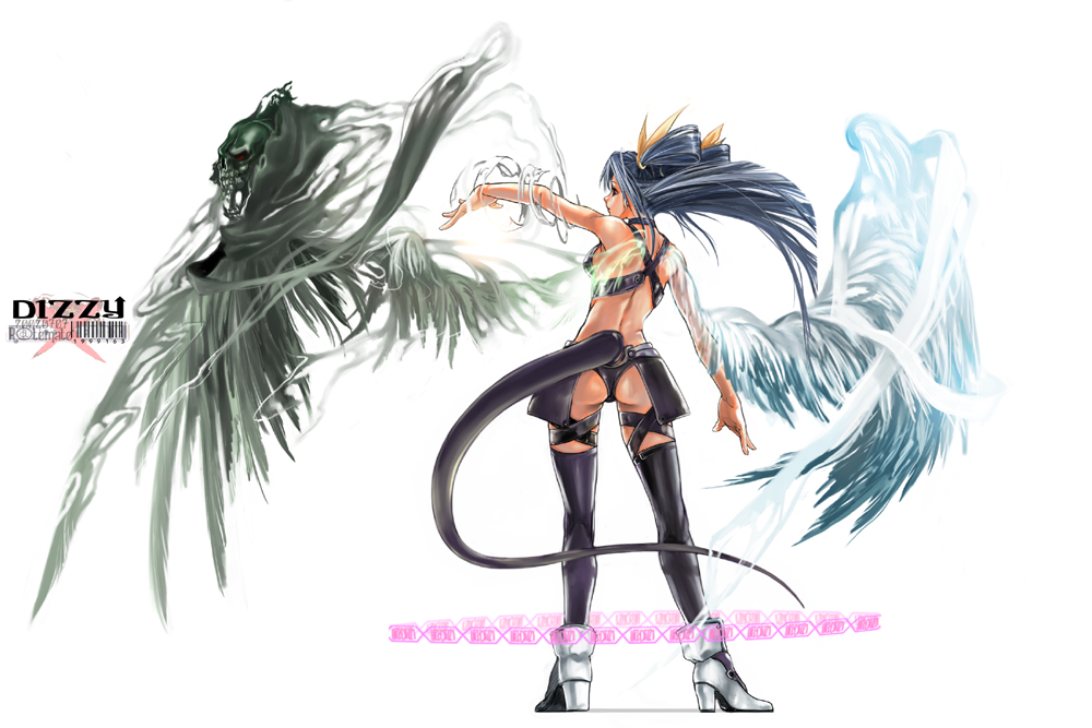 artist_request ass asymmetrical_wings blue_hair boots bow dizzy from_behind guilty_gear hair_bow hair_ribbon long_hair necro_(guilty_gear) ribbon skull solo tail thighhighs wings