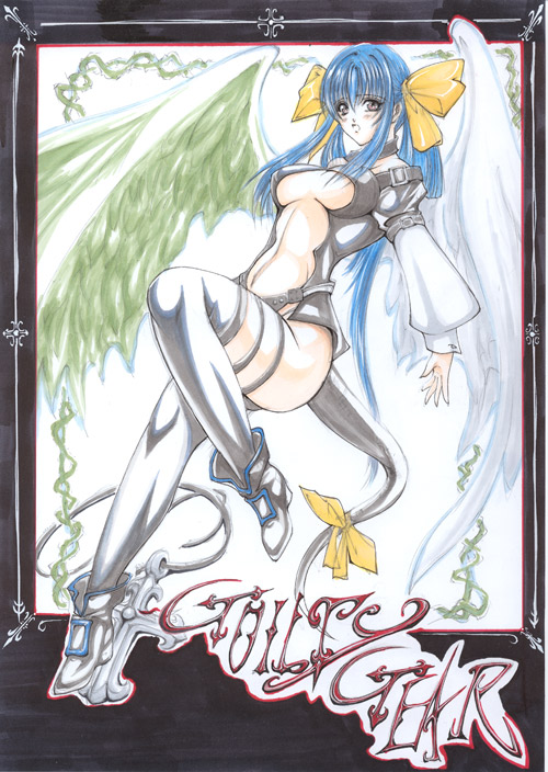 artist_request asymmetrical_wings blue_hair boots breasts dizzy guilty_gear hair_ribbon large_breasts leg_lift long_hair long_sleeves red_eyes ribbon solo tail tail_ribbon thighhighs underboob very_long_hair wings